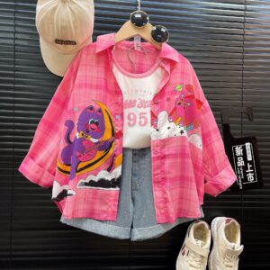 24044 Girls' Summer New Children's Clothing Fashion Korean Cartoon Sunscreen Jacket and Tank Top Denim Shorts Three-Piece Set