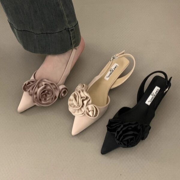 2024 New Spring/Summer Pointed Toe French Flower Black Toe Sandals Fairy Shoes Late Celebrity Single Shoes - Image 3