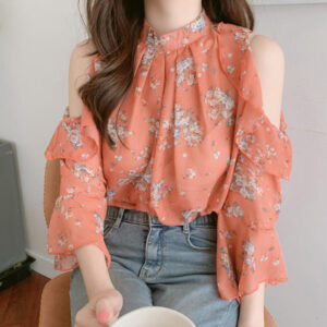 2025 Spring/Summer New Korean Fashion Off-the-Shoulder Lady Print Flare Long Sleeve Chiffon Shirt Top