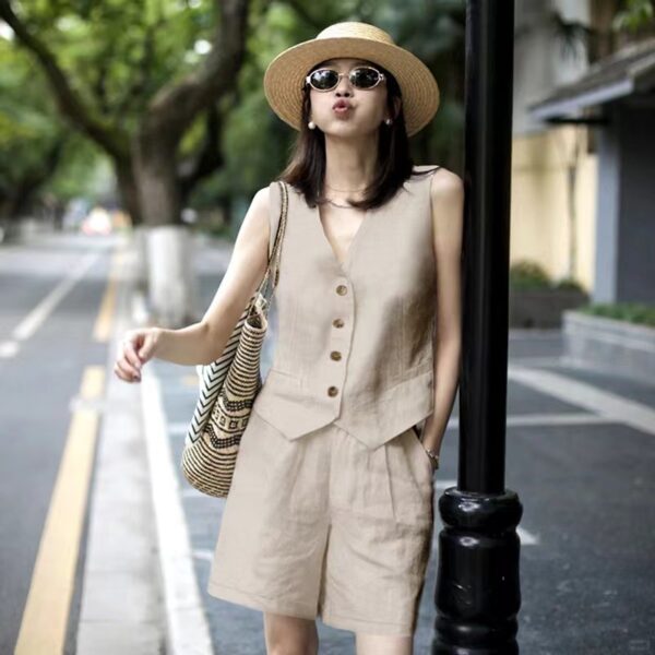 linen suit vest shorts set