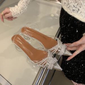2025 New Four Seasons Shoes Glass Heel Crystal Heel Rhinestone Buckle Transparent Women's Toe Shoes Pointed Toe Empty Sandals