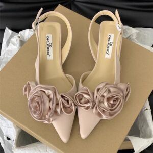 2024 New Spring/Summer Pointed Toe French Flower Black Toe Sandals Fairy Shoes Late Celebrity Single Shoes