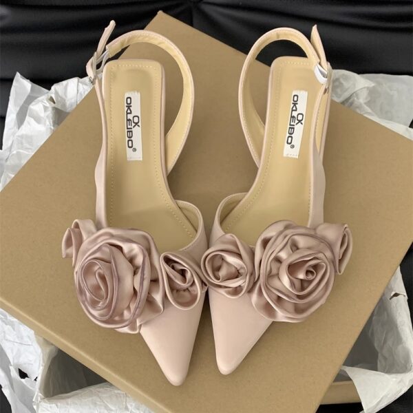 2024 New Spring/Summer Pointed Toe French Flower Black Toe Sandals Fairy Shoes Late Celebrity Single Shoes