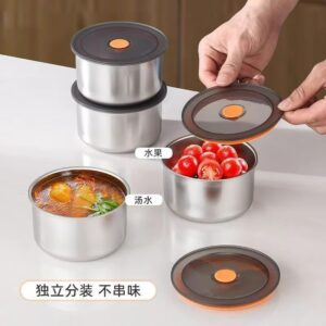 Stainless steel fresh-keeping bowl for household with lid food grade refrigerator storage crisper box kitchen round ingredient portioning box
