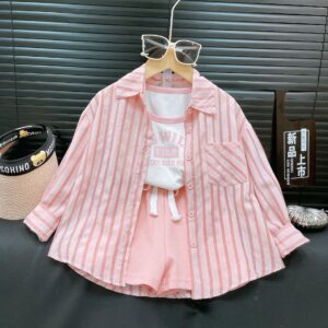 24032 Girls Summer Outfit Sunscreen Shirt Plus Tank Top Shorts Three-Piece Girl Fashion Summer Outfit