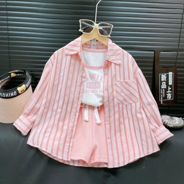 24032 Girls Summer Outfit Sunscreen Shirt Plus Tank Top Shorts Three-Piece Girl Fashion Summer Outfit