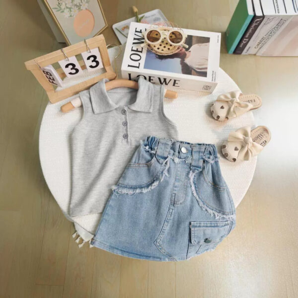 Girls Sleeveless Top Denim Bag Skirt Two Piece Set - Image 3