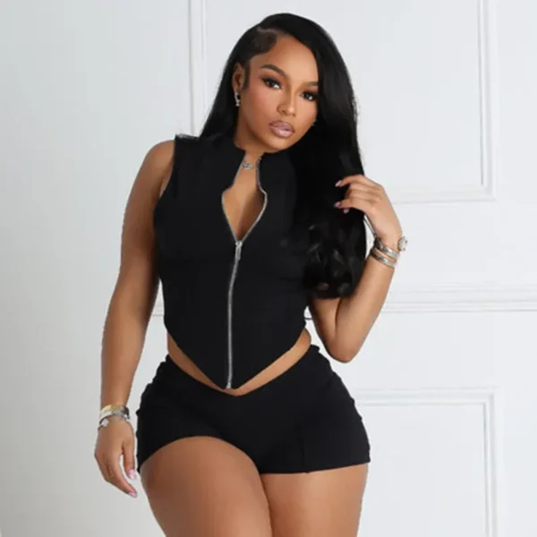 women's zipper slim crop top high waist skinny shorts set - Image 4