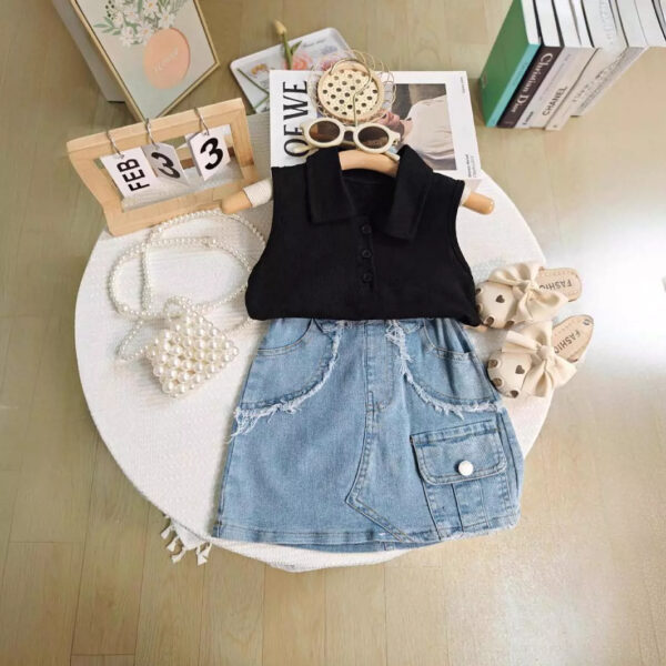 Girls Sleeveless Top Denim Bag Skirt Two Piece Set - Image 2
