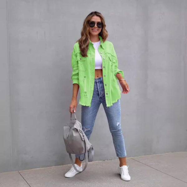 2025 new European and American style mid-length frayed ripped denim jacket women's autumn and winter long-sleeved casual lapel top - Image 3
