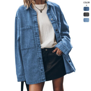 2025 Women's Amazon Europe and America Retro Long Sleeve Denim Jacket Blue Big Pocket Loose Casual Shirt Women