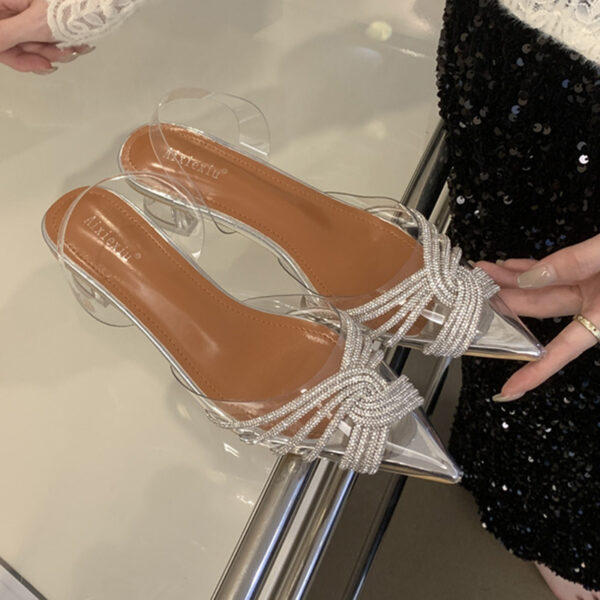 2025 New Four Seasons Shoes Glass Heel Crystal Heel Rhinestone Buckle Transparent Women's Toe Shoes Pointed Toe Empty Sandals - Image 3