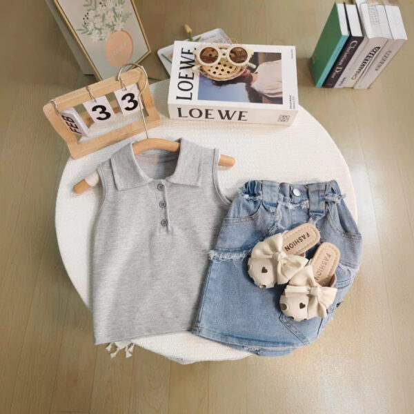 Girls Sleeveless Top Denim Bag Skirt Two Piece Set - Image 4