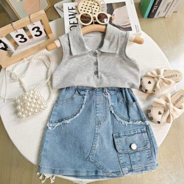 Girls Sleeveless Top Denim Bag Skirt Two Piece Set