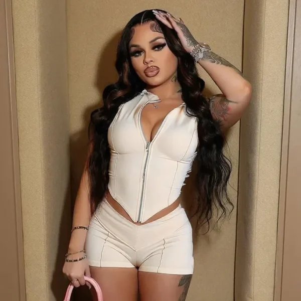 women's zipper slim crop top high waist skinny shorts set