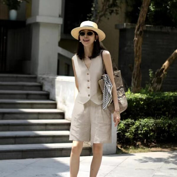 linen suit vest shorts set - Image 2