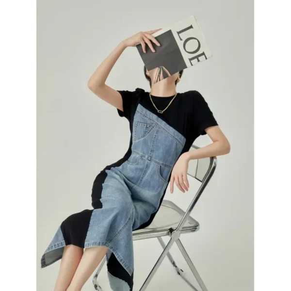 European station denim patchwork dress