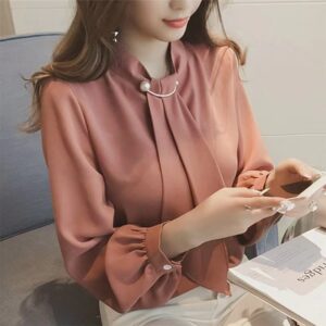 2025 Spring and Autumn Wear New Korean Version Knitted Looped Balloon Sleeve Pullover Chiffon Shirt Women's Long Sleeve Bottom Shirt Top