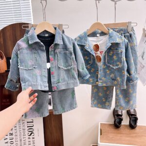 2438Q Girls 2025 Spring and Autumn New Children's Clothing Women's Treasure Cute Floral Denim Jacket Straight Leg Pants Two-Piece Set