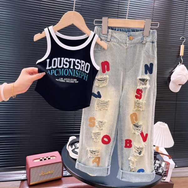 Kids Fashion T-Shirt with Ripped Lettered Embroidered Jeans - Image 3