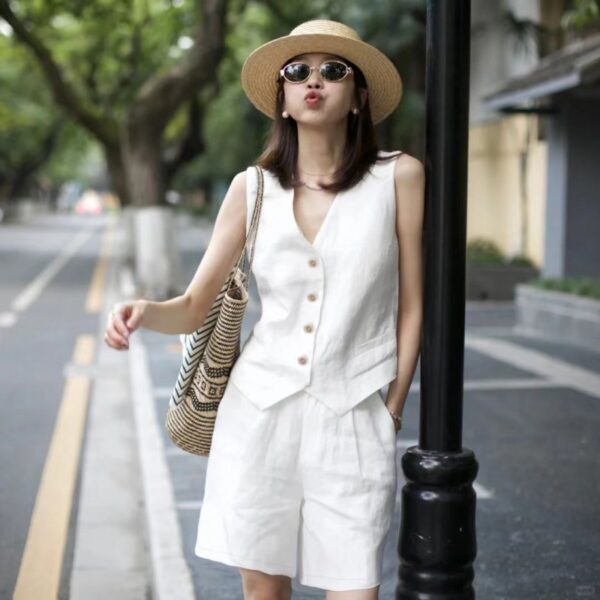 linen suit vest shorts set - Image 4