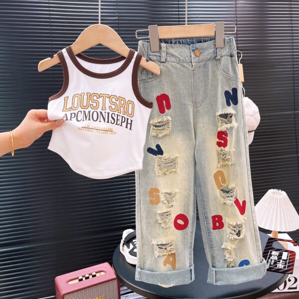 Kids Fashion T-Shirt with Ripped Lettered Embroidered Jeans - Image 4