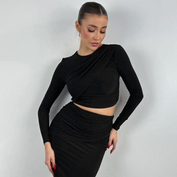 Round neck long sleeve crop top two-piece suit - Image 4