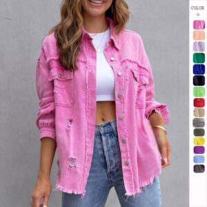 2025 new European and American style mid-length frayed ripped denim jacket women's autumn and winter long-sleeved casual lapel top
