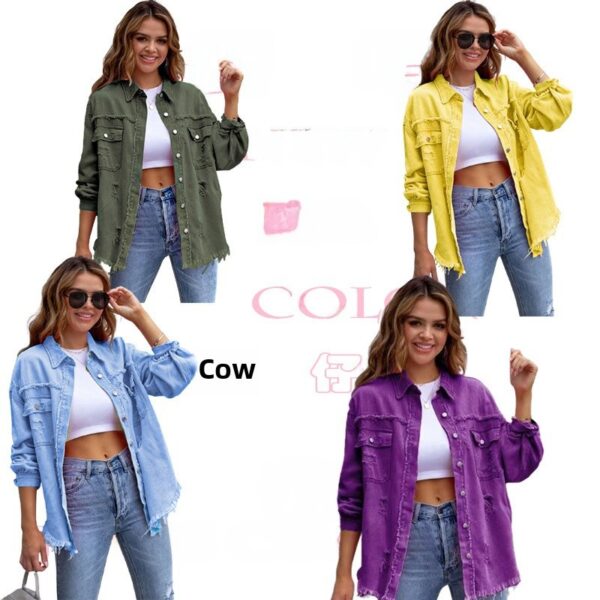 2025 new European and American style mid-length frayed ripped denim jacket women's autumn and winter long-sleeved casual lapel top - Image 2