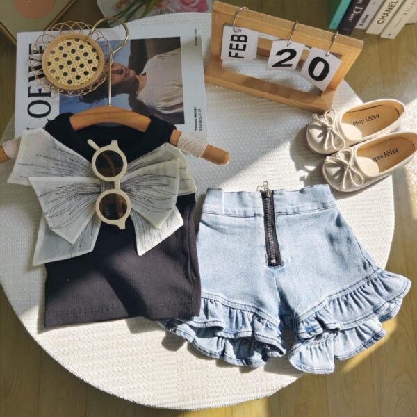 Girls' Cute Big Bow Vest and Denim Shorts - Image 3