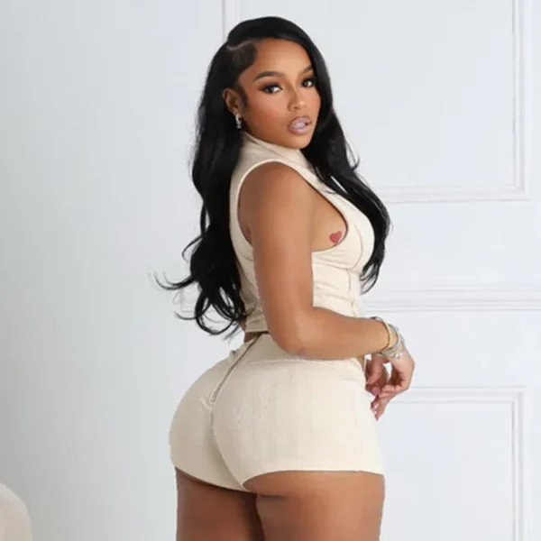 women's zipper slim crop top high waist skinny shorts set - Image 2