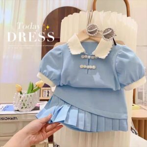 Ancorelala Spring Summer 2025 New Girls' Clothes Baby Girl College Polo Shirt Pleated Skirt Set of Two