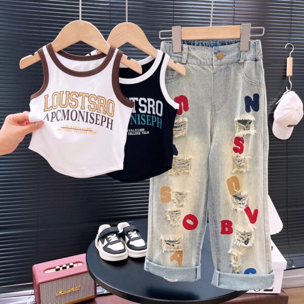 Kids Fashion T-Shirt with Ripped Lettered Embroidered Jeans