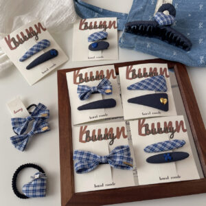Blue high-tech check hair clip bow hair tie hair clip temperament elegant hair tie hair tie love gold label grab hair clip