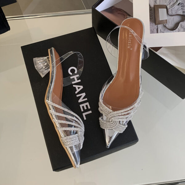 2025 New Four Seasons Shoes Glass Heel Crystal Heel Rhinestone Buckle Transparent Women's Toe Shoes Pointed Toe Empty Sandals - Image 4