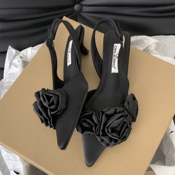 2024 New Spring/Summer Pointed Toe French Flower Black Toe Sandals Fairy Shoes Late Celebrity Single Shoes - Image 2